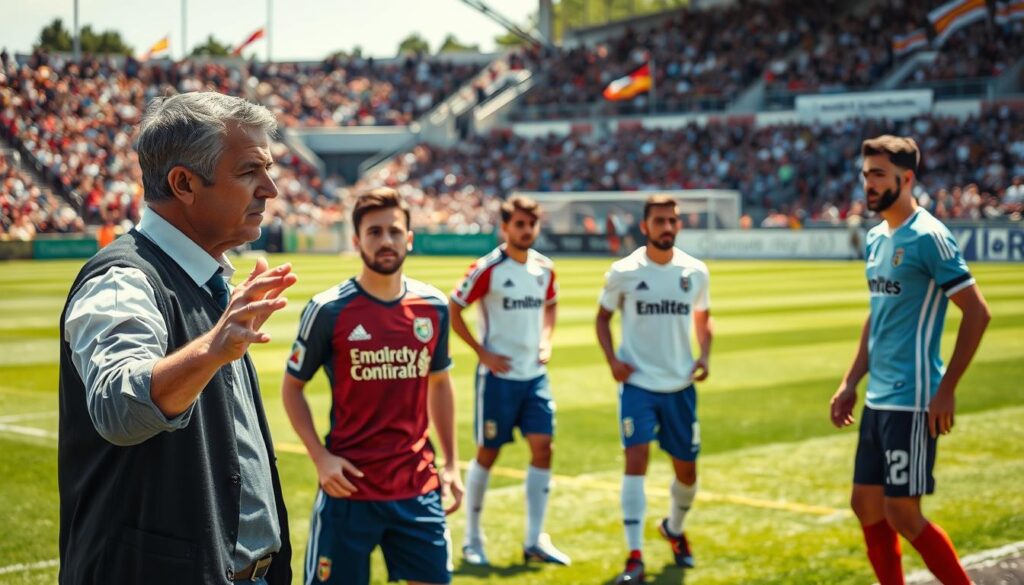 A dynamic soccer field scene during the 55’–65’ substitution window. In the foreground, a coach in professional attire gestures vigorously, analyzing players on the field with a determined expression. In the middle ground, two players—one exhibiting clear signs of fatigue, with drooping shoulders and heavy panting, while the other shows readiness to substitute—are positioned near the touchline, surrounded by the vibrant green grass and markings of the pitch. The background captures an enthusiastic crowd, with blurred faces and waving flags, under a bright afternoon sun creating a lively atmosphere. The lighting emphasizes the intense moment of decision-making, casting soft shadows and highlighting the players’ expressions and movement. The composition evokes urgency and tactical awareness. A dynamic soccer field scene during the 55’–65’ substitution window. In the foreground, a coach in professional attire gestures vigorously, analyzing players on the field with a determined expression. In the middle ground, two players—one exhibiting clear signs of fatigue, with drooping shoulders and heavy panting, while the other shows readiness to substitute—are positioned near the touchline, surrounded by the vibrant green grass and markings of the pitch. The background captures an enthusiastic crowd, with blurred faces and waving flags, under a bright afternoon sun creating a lively atmosphere. The lighting emphasizes the intense moment of decision-making, casting soft shadows and highlighting the players’ expressions and movement. The composition evokes urgency and tactical awareness.