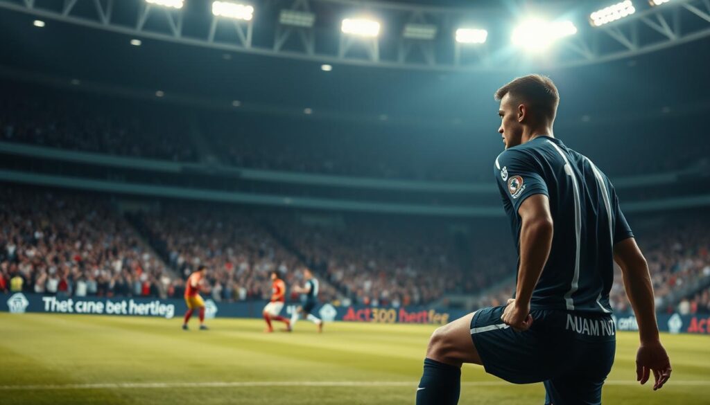 A dynamic soccer field scene showcasing "risk-on tactics rest defense positioning." In the foreground, an intense player in professional soccer attire, focused and poised, positions himself strategically, ready for a quick attack. In the middle, a cluster of players engage in a coordinated formation, emphasizing their tactical alignment and readiness for direct play. The background features a blurred crowd, with vibrant stadium lights casting a bright, energetic glow over the field, enhancing the atmosphere of competition and urgency. The angle is slightly elevated, providing a clear view of the positioning and formations on the field, capturing the essence of strategic aggression in soccer. The overall mood is intense and electrifying, symbolizing determination and focus.