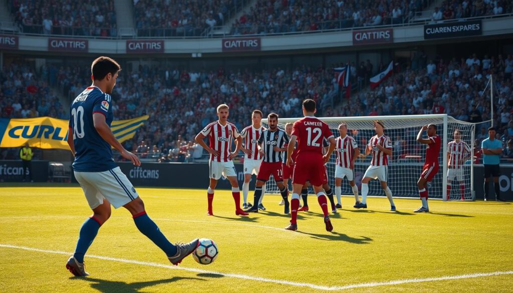 A dynamic soccer scene capturing a corner kick situation on a vibrant green pitch. In the foreground, a player expertly poised to take the corner kick, wearing a professional soccer uniform with team colors. In the middle, a diverse group of players from both teams strategizing, highlighting their body language to express urgency and focus. The goalkeeper stands nearby, eyes on the ball, while defenders position themselves to block threats. The background features an enthusiastic crowd in a stadium, adding to the atmosphere with flags and team banners. Soft sunlight casts dramatic shadows, enhancing the tension of the moment. The image conveys a sense of urgency and strategy, showcasing the critical decision-making process in soccer corner kicks. A dynamic soccer scene capturing a corner kick situation on a vibrant green pitch. In the foreground, a player expertly poised to take the corner kick, wearing a professional soccer uniform with team colors. In the middle, a diverse group of players from both teams strategizing, highlighting their body language to express urgency and focus. The goalkeeper stands nearby, eyes on the ball, while defenders position themselves to block threats. The background features an enthusiastic crowd in a stadium, adding to the atmosphere with flags and team banners. Soft sunlight casts dramatic shadows, enhancing the tension of the moment. The image conveys a sense of urgency and strategy, showcasing the critical decision-making process in soccer corner kicks.