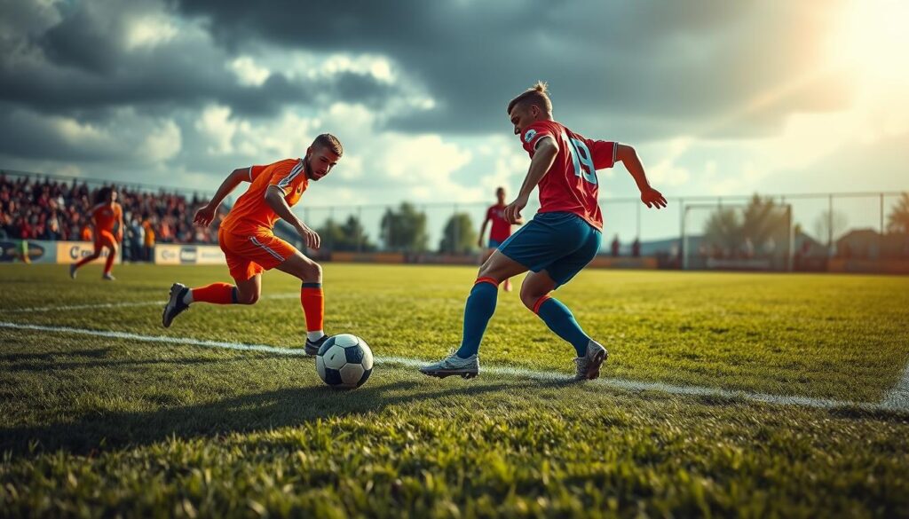 A dynamic soccer scene capturing a counter-attack in progress, focusing on a player in a brightly colored jersey poised to dribble the ball past an opponent in a contrasting uniform. In the foreground, the intensity of the match is palpable as teammates are positioned strategically, ready to receive the ball. The middle ground features a blurred yet vibrant soccer field, with grass details highlighted by natural sunlight filtering through clouds, creating a dramatic contrast. In the background, a group of spectators cheer, adding to the atmosphere of excitement. The image should convey urgency and strategy, with a medium-angle perspective, emphasizing the players' determination and the importance of maintaining a one-goal lead. A dynamic soccer scene capturing a counter-attack in progress, focusing on a player in a brightly colored jersey poised to dribble the ball past an opponent in a contrasting uniform. In the foreground, the intensity of the match is palpable as teammates are positioned strategically, ready to receive the ball. The middle ground features a blurred yet vibrant soccer field, with grass details highlighted by natural sunlight filtering through clouds, creating a dramatic contrast. In the background, a group of spectators cheer, adding to the atmosphere of excitement. The image should convey urgency and strategy, with a medium-angle perspective, emphasizing the players' determination and the importance of maintaining a one-goal lead.