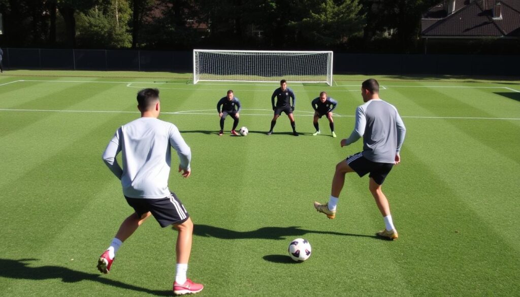 A dynamic soccer training session focusing on a defensive conversion drill, illustrating the transition from a 4-3-3 to a 3-5-2 formation. In the foreground, two players in modest athletic wear demonstrate a fullback-to-stopper conversion, showcasing precise positioning and tactical awareness. In the middle ground, additional players simulate a winger-to-wing-back transition, with clear communication and teamwork evident in their body language. The background features a well-maintained soccer field under bright daylight, casting natural shadows. The scene is captured from a low angle to emphasize the intensity and focus of the training. The mood is energetic and disciplined, highlighting the strategic complexity of football formations.