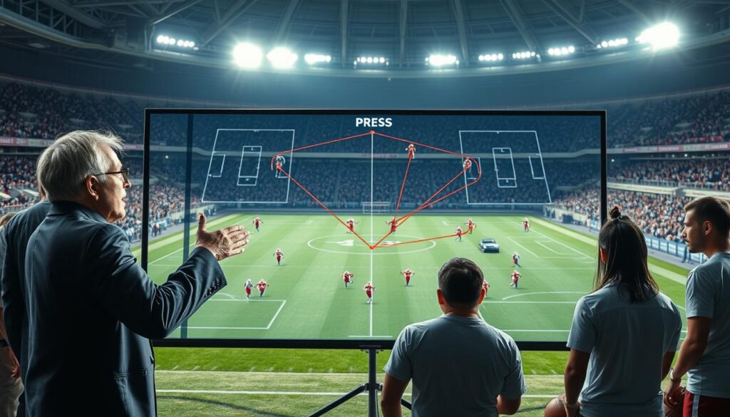 A dynamic sports strategy scene depicting a football team's tactical board filled with formations and player positions. In the foreground, a coach in professional attire gestures passionately, surrounded by a diverse group of players dressed in modest sports uniforms, engaged in intense discussion. The middle ground features a large digital screen displaying graphics illustrating advanced press resistance tactics, with highlighted areas showing movement lines of players. In the background, a football field under a bright stadium light, with a cheering crowd and banners adding to the competitive atmosphere. The lighting is vibrant yet focused on the coach and the board, capturing the urgency and intensity of a live strategy session. A dynamic sports strategy scene depicting a football team's tactical board filled with formations and player positions. In the foreground, a coach in professional attire gestures passionately, surrounded by a diverse group of players dressed in modest sports uniforms, engaged in intense discussion. The middle ground features a large digital screen displaying graphics illustrating advanced press resistance tactics, with highlighted areas showing movement lines of players. In the background, a football field under a bright stadium light, with a cheering crowd and banners adding to the competitive atmosphere. The lighting is vibrant yet focused on the coach and the board, capturing the urgency and intensity of a live strategy session.