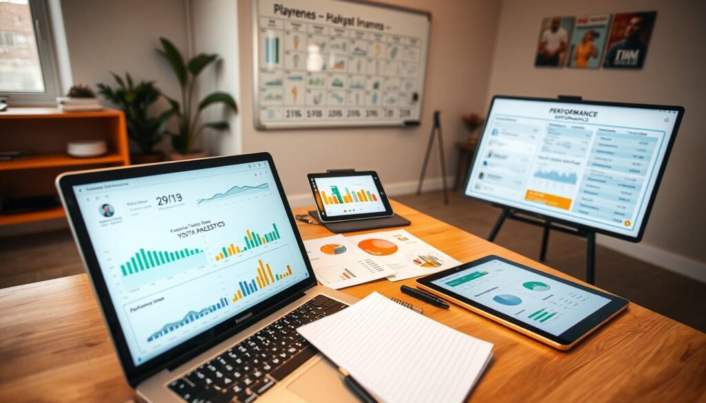A modern workspace focused on game analysis tools. In the foreground, a sleek laptop displaying detailed statistics and graphs related to youth sports performance, accented by a notepad with neatly written records. In the middle, a small table with an array of colorful charts and benchmarking visuals laid out, alongside a high-quality tablet showcasing performance metrics. In the background, a soft-lit room with a whiteboard covered in performance strategies and player statistics. The atmosphere is professional yet inviting, with natural light coming from a nearby window, creating a warm glow. The camera angle captures a slightly top-down view, allowing for a comprehensive look at the tools and environment, evoking a sense of organization and focus on improvement. A modern workspace focused on game analysis tools. In the foreground, a sleek laptop displaying detailed statistics and graphs related to youth sports performance, accented by a notepad with neatly written records. In the middle, a small table with an array of colorful charts and benchmarking visuals laid out, alongside a high-quality tablet showcasing performance metrics. In the background, a soft-lit room with a whiteboard covered in performance strategies and player statistics. The atmosphere is professional yet inviting, with natural light coming from a nearby window, creating a warm glow. The camera angle captures a slightly top-down view, allowing for a comprehensive look at the tools and environment, evoking a sense of organization and focus on improvement.