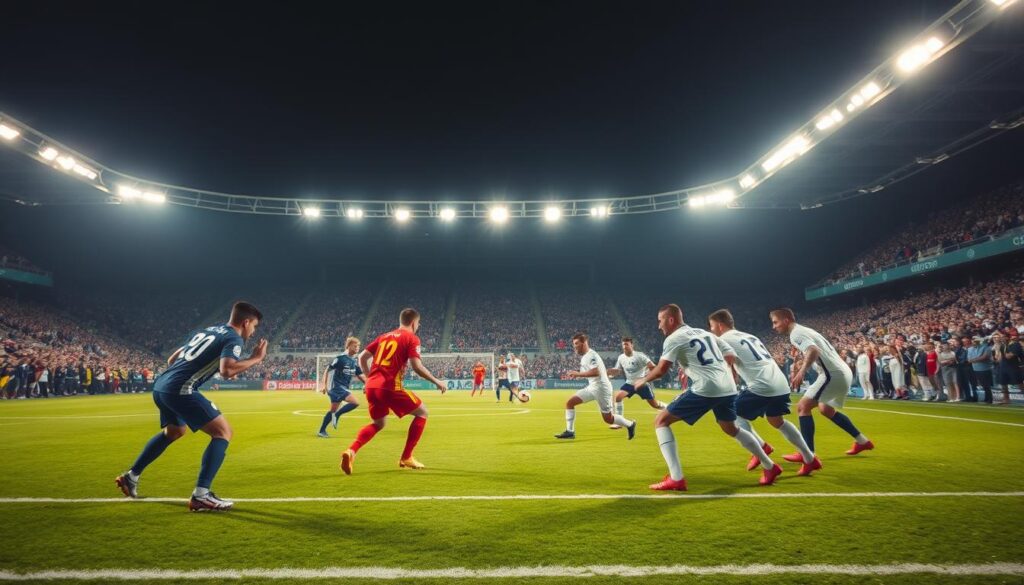 A soccer field under vivid stadium lights, showcasing a tactical scene. In the foreground, two teams in professional attire are engaged in a mid/low block formation, displaying intense focus and teamwork. The players on the attacking side are poised to press forward, while the defensive team, wearing distinct uniforms, is strategically positioned to intercept. The middle ground reveals the green turf vividly illuminated, emphasizing the players' movements and the tension of the game. In the background, an enthusiastic crowd is cheering, creating an electric atmosphere. The scene is captured from a low angle, enhancing the dramatic intensity of the match, with a slight motion blur on the players to convey action and urgency. A soccer field under vivid stadium lights, showcasing a tactical scene. In the foreground, two teams in professional attire are engaged in a mid/low block formation, displaying intense focus and teamwork. The players on the attacking side are poised to press forward, while the defensive team, wearing distinct uniforms, is strategically positioned to intercept. The middle ground reveals the green turf vividly illuminated, emphasizing the players' movements and the tension of the game. In the background, an enthusiastic crowd is cheering, creating an electric atmosphere. The scene is captured from a low angle, enhancing the dramatic intensity of the match, with a slight motion blur on the players to convey action and urgency.