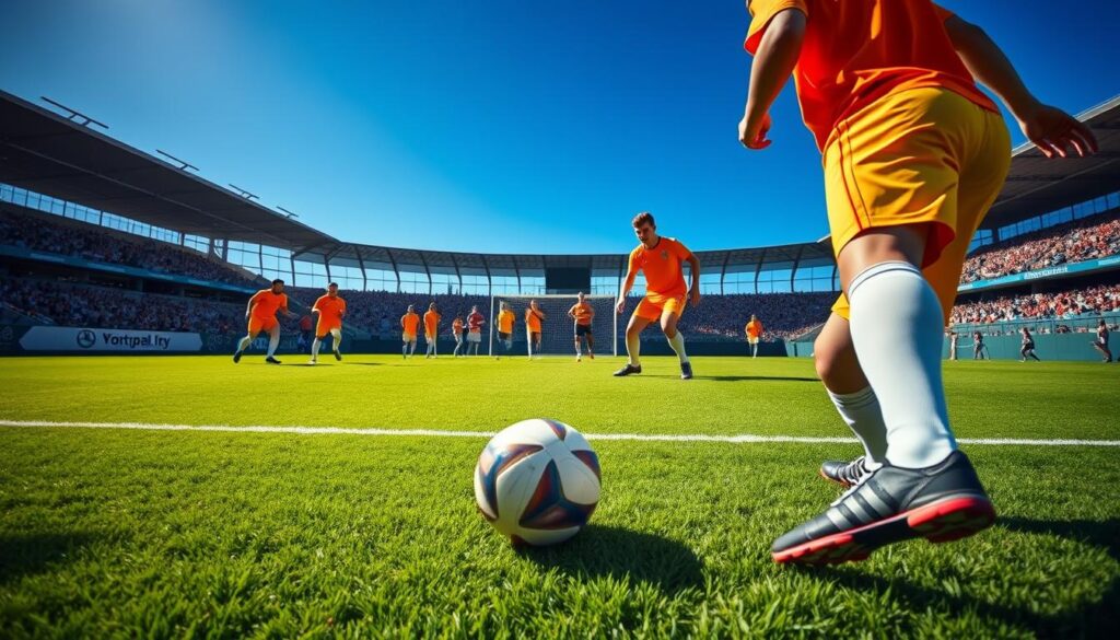 A soccer player in a bright team uniform prepares to take a quick free kick on a vibrant green field, focusing intently on the ball. In the foreground, the player is captured from a low angle, showing their determination and poised stance as they engage with the ball. Surrounding them, teammates in matching uniforms are strategically positioned, ready for a fast restart, their expressions displaying urgency and anticipation. The middle ground features the goal post and the opposing team in a defensive formation, reflecting a sense of pressure. In the background, the stadium is filled with cheering fans under a clear blue sky, enhancing the atmosphere of excitement and tension. The lighting is bright and natural, emphasizing the dynamic moment. A soccer player in a bright team uniform prepares to take a quick free kick on a vibrant green field, focusing intently on the ball. In the foreground, the player is captured from a low angle, showing their determination and poised stance as they engage with the ball. Surrounding them, teammates in matching uniforms are strategically positioned, ready for a fast restart, their expressions displaying urgency and anticipation. The middle ground features the goal post and the opposing team in a defensive formation, reflecting a sense of pressure. In the background, the stadium is filled with cheering fans under a clear blue sky, enhancing the atmosphere of excitement and tension. The lighting is bright and natural, emphasizing the dynamic moment.