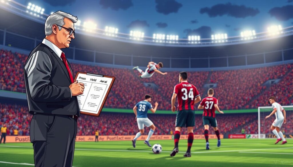 An illustration depicting "role-based substitutions minute windows" in a dynamic sports setting. In the foreground, a focused soccer coach wearing professional attire stands with a clipboard, analyzing player substitutions with charts showing roles like "press," "hold," and "aerial." The middle ground features players in action on the field; one is engaged in an aerial jump while others showcase pressing and holding tactics, wearing team uniforms. The background displays a vivid stadium, filled with spectators under bright floodlights, creating an energetic atmosphere. Use a slightly angled perspective to enhance depth, highlighting the strategic elements of the substitutions. The lighting should evoke evening game conditions, casting dramatic shadows and illuminating key actions for a sense of urgency. An illustration depicting "role-based substitutions minute windows" in a dynamic sports setting. In the foreground, a focused soccer coach wearing professional attire stands with a clipboard, analyzing player substitutions with charts showing roles like "press," "hold," and "aerial." The middle ground features players in action on the field; one is engaged in an aerial jump while others showcase pressing and holding tactics, wearing team uniforms. The background displays a vivid stadium, filled with spectators under bright floodlights, creating an energetic atmosphere. Use a slightly angled perspective to enhance depth, highlighting the strategic elements of the substitutions. The lighting should evoke evening game conditions, casting dramatic shadows and illuminating key actions for a sense of urgency.