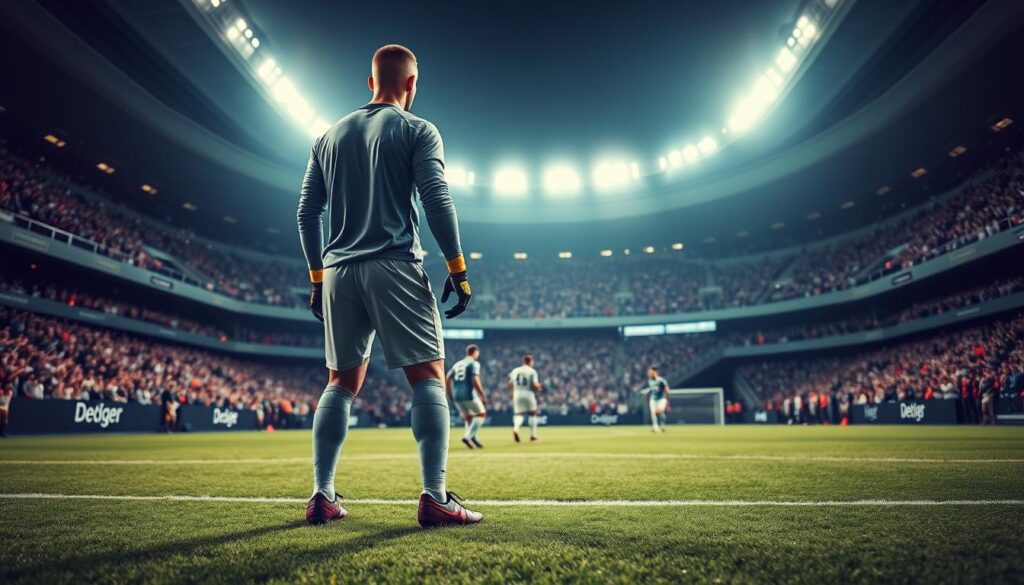 A detailed image of a modern soccer goalkeeper seen from the back, showcasing their athletic build and relaxed stance as they prepare to play as an outfielder. The goalkeeper is clad in a form-fitting, professional jersey and shorts, along with shin guards and cleats, emphasizing their readiness. In the foreground, a well-maintained soccer pitch with vivid green grass draws the viewer in, while the middle ground features teammates strategically positioned, engaging in a tactical formation. In the background, a cheering crowd adds an energetic atmosphere, illuminated by bright stadium lights creating a dramatic scene. The angle captures a slightly low perspective, enhancing the goalkeeper's stature and emphasizing the connection between defense and midfield. The mood is tense yet focused, embodying the dynamic nature of soccer strategy. A detailed image of a modern soccer goalkeeper seen from the back, showcasing their athletic build and relaxed stance as they prepare to play as an outfielder. The goalkeeper is clad in a form-fitting, professional jersey and shorts, along with shin guards and cleats, emphasizing their readiness. In the foreground, a well-maintained soccer pitch with vivid green grass draws the viewer in, while the middle ground features teammates strategically positioned, engaging in a tactical formation. In the background, a cheering crowd adds an energetic atmosphere, illuminated by bright stadium lights creating a dramatic scene. The angle captures a slightly low perspective, enhancing the goalkeeper's stature and emphasizing the connection between defense and midfield. The mood is tense yet focused, embodying the dynamic nature of soccer strategy.