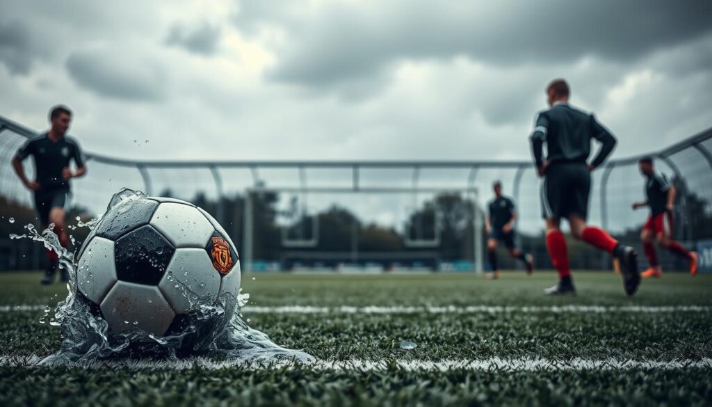 A dynamic soccer pitch drenched in rain, showcasing a detailed tactical diagram of formations and ball movement strategies. In the foreground, a gleaming soccer ball splashes through water, emphasizing the influence of the wet surface on ball speed. The middle ground features a well-defined tactical board with chalk markings illustrating pressing strategies under challenging conditions. Light grey clouds loom above, casting a soft, diffused light that highlights the water droplets on the pitch, creating a moody, dramatic atmosphere. In the background, blurred outlines of players in professional sportswear are captured mid-action, showcasing intense concentration as they adapt to the weather. The angle is slightly elevated, providing a comprehensive view of the scene, emphasizing the interplay between tactics and the challenging turf conditions.