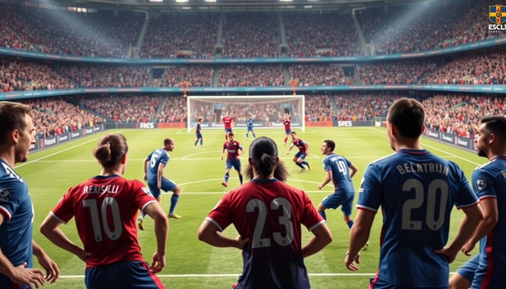 A dynamic soccer scene illustrating defensive half-space positioning against wide overloads. In the foreground, a diverse group of professional soccer players in blue and red kits display focused expressions as they mark their opponents, creating a tense atmosphere. In the middle ground, an attacker is poised to make a back-post run, while defenders adjust their positions strategically. The background showcases a vibrant stadium filled with cheering fans, with bright, dramatic lighting highlighting the action. The camera angle captures the scene from slightly above, emphasizing the tactical arrangement of players. The overall mood conveys urgency and tactical complexity, illustrating the intensity of a mid-game defensive strategy. A dynamic soccer scene illustrating defensive half-space positioning against wide overloads. In the foreground, a diverse group of professional soccer players in blue and red kits display focused expressions as they mark their opponents, creating a tense atmosphere. In the middle ground, an attacker is poised to make a back-post run, while defenders adjust their positions strategically. The background showcases a vibrant stadium filled with cheering fans, with bright, dramatic lighting highlighting the action. The camera angle captures the scene from slightly above, emphasizing the tactical arrangement of players. The overall mood conveys urgency and tactical complexity, illustrating the intensity of a mid-game defensive strategy.