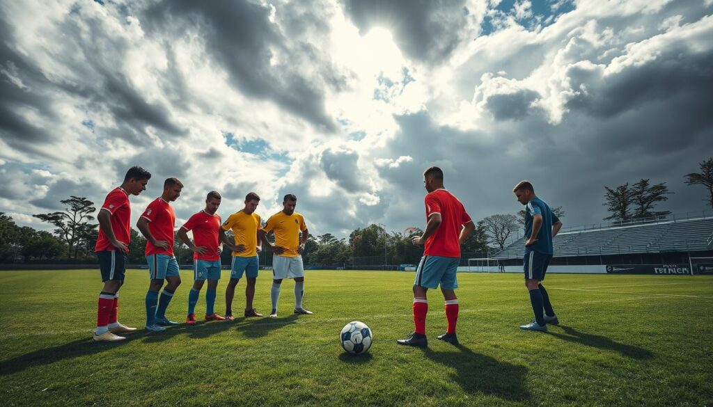 A dynamic soccer scene set on a grassy pitch under a dramatic sky filled with swirling clouds, capturing the intensity of high winds. In the foreground, a group of professional soccer players in bright jerseys are engaged in a strategic huddle, analyzing a play that emphasizes both long and short passes. In the middle ground, a soccer ball is positioned near a corner flag, symbolizing set-piece strategies while the wind gusts around. The background showcases waving trees and distant bleachers, adding to the atmospheric tension of the windy day. The scene is illuminated with natural sunlight breaking through clouds, creating a vibrant contrast. The players are depicted in focused positions, emphasizing teamwork and strategy in their expressions and body language. Overall, the mood is intense and strategic, highlighting the challenges of playing soccer in windy conditions.