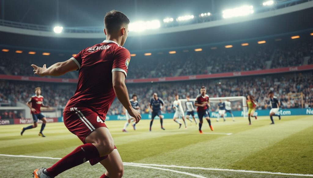 A high-intensity soccer scene capturing a striker skillfully executing a hybrid defensive strategy mid-game. In the foreground, a determined striker in a professional soccer kit, focused and poised to drop into a defensive stance, showcasing agility and teamwork. In the middle ground, players from both teams are engaged in dynamic movement, illustrating the transition between man-to-man and zonal coverage. The background reveals a packed stadium under bright floodlights, creating an electric atmosphere with cheering fans. The perspective is from a slightly elevated angle to emphasize the tactical shifts in gameplay. The mood is competitive and strategic, with vibrant colors highlighting the energy of the match. A high-intensity soccer scene capturing a striker skillfully executing a hybrid defensive strategy mid-game. In the foreground, a determined striker in a professional soccer kit, focused and poised to drop into a defensive stance, showcasing agility and teamwork. In the middle ground, players from both teams are engaged in dynamic movement, illustrating the transition between man-to-man and zonal coverage. The background reveals a packed stadium under bright floodlights, creating an electric atmosphere with cheering fans. The perspective is from a slightly elevated angle to emphasize the tactical shifts in gameplay. The mood is competitive and strategic, with vibrant colors highlighting the energy of the match.