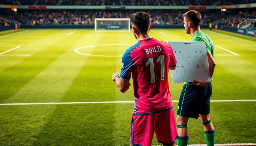 A strategic soccer field scene depicting the tactical formations of "Split CBs" and "3-2 Build". In the foreground, two professional soccer players, dressed in vibrant team jerseys and shorts, engaged in a dynamic discussion on the tactics. One player is pointing towards the field, emphasizing the split positioning of the center-backs, while the other holds a tactical board displaying formations. In the middle ground, a soccer pitch is visible, marked with clear lines and featuring two distinct formations: one shows a split center-back setup and the other a structured 3-2 formation. The background includes goalposts and spectator stands, with vibrant stadium lighting creating a focused ambiance. The scene captures the intensity and strategic nature of the game, conveying a sense of teamwork and analytical thinking. A strategic soccer field scene depicting the tactical formations of "Split CBs" and "3-2 Build". In the foreground, two professional soccer players, dressed in vibrant team jerseys and shorts, engaged in a dynamic discussion on the tactics. One player is pointing towards the field, emphasizing the split positioning of the center-backs, while the other holds a tactical board displaying formations. In the middle ground, a soccer pitch is visible, marked with clear lines and featuring two distinct formations: one shows a split center-back setup and the other a structured 3-2 formation. The background includes goalposts and spectator stands, with vibrant stadium lighting creating a focused ambiance. The scene captures the intensity and strategic nature of the game, conveying a sense of teamwork and analytical thinking.
